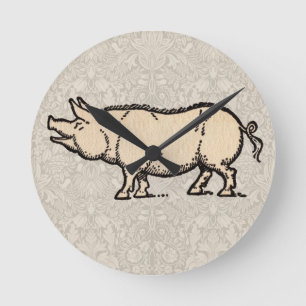 Reloj Redondo Mediano Ilustración antigua de cerdo Cerdito lindo vintage