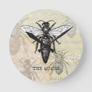 Reloj Redondo Mediano Ilustración antigua de insecto bug abeja reina