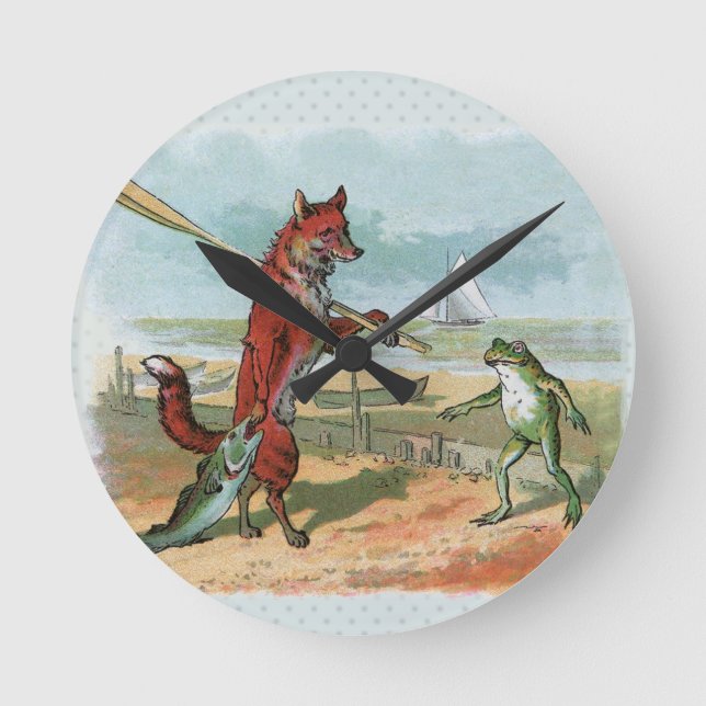 Reloj Redondo Mediano Ilustracion antiguo de pesca de rana Fox (Anverso)