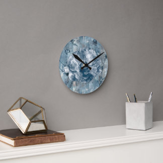 Reloj Redondo Mediano Ilustración Botánica Azul Vintage
