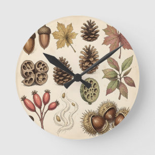 Reloj Redondo Mediano Ilustración Botánica Otoñal de Bellota Piñas Hojas