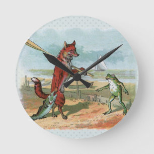 Reloj Redondo Mediano Ilustración caprichosa de playa con zorro y rana v