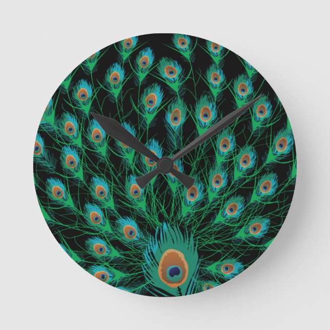 Reloj Redondo Mediano Ilustracion con plumas de pavo real en negro (Anverso)