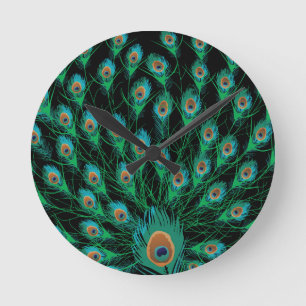 Reloj Redondo Mediano Ilustracion con plumas de pavo real en negro
