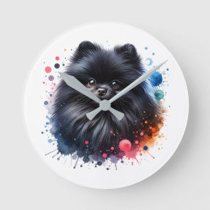 Reloj Redondo Mediano Ilustracion de acuarela de pomerania negra