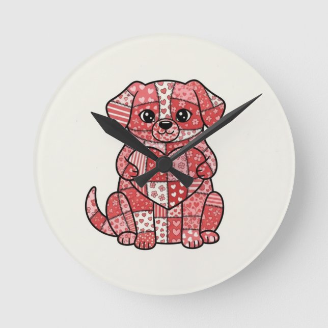 Reloj Redondo Mediano Ilustración de adorable cachorro de patchwork con  (Anverso)