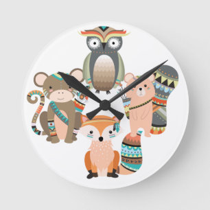 Reloj Redondo Mediano Ilustracion de animales de bosque tribal