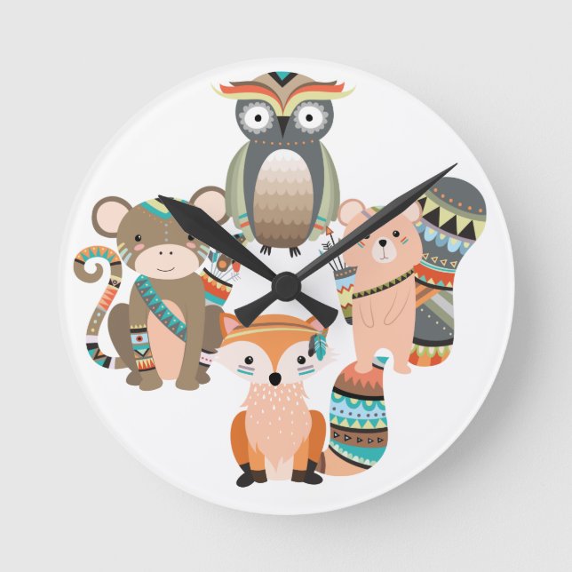 Reloj Redondo Mediano Ilustracion de animales de bosque tribal (Anverso)