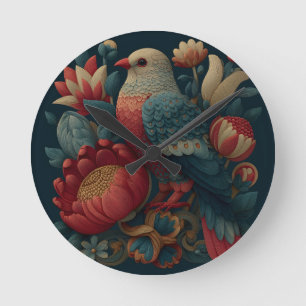 Reloj Redondo Mediano Ilustración de Arte Popular de un Pájaro entre Flu