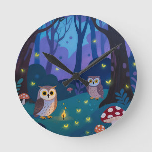 Reloj Redondo Mediano Ilustración de Búhos del Bosque Nocturno
