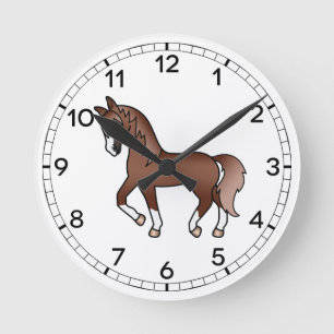 Reloj Redondo Mediano Ilustración de caballo castaño lindo troteando est