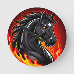 Reloj Redondo Mediano Ilustración de caballo negro ardiente con ojos bri