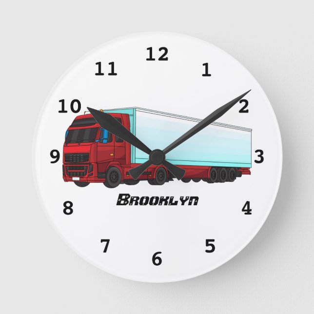 Reloj Redondo Mediano Ilustracion de camión de remolques rojos (Anverso)