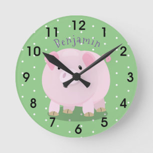Reloj Redondo Mediano ilustracion de cerdo con barriga rosada y personal