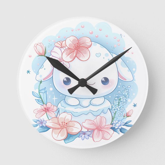 Reloj Redondo Mediano Ilustración de conejito Chibi adorable (Anverso)