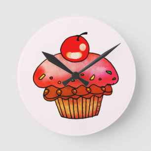 Reloj Redondo Mediano Ilustración de Cupcake de Cereza Rosa Adorable Art