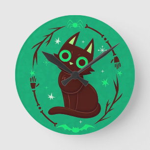 Reloj Redondo Mediano Ilustración de dibujos animados de un gato negro d