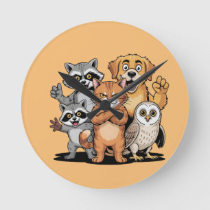 Reloj Redondo Mediano Ilustración de equipo de amigos animales de dibujo