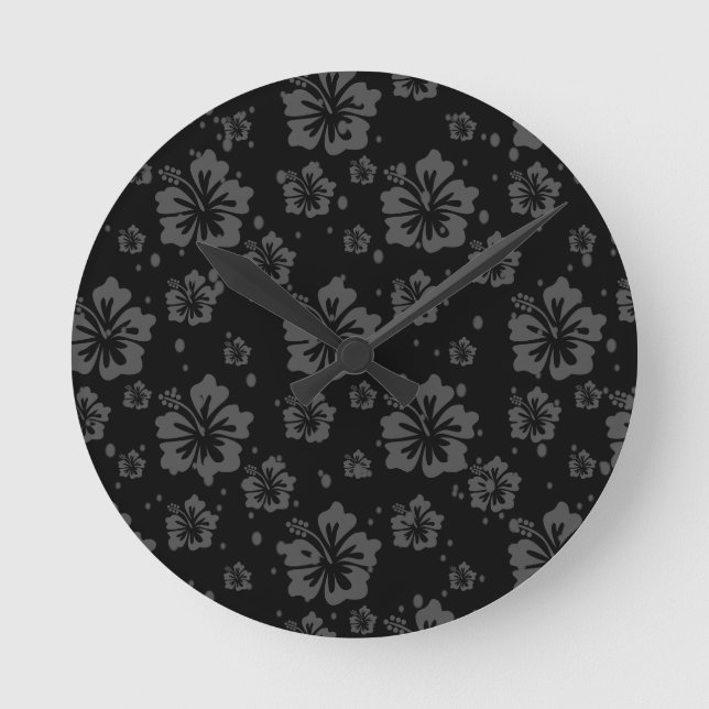 Reloj Redondo Mediano Ilustracion de flores negras sobre fondo negro (Anverso)