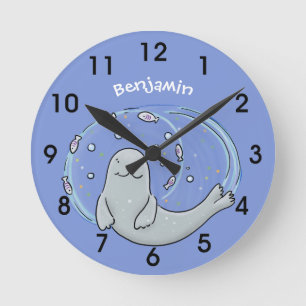 Reloj Redondo Mediano Ilustracion de foca feliz y personalizado azul de