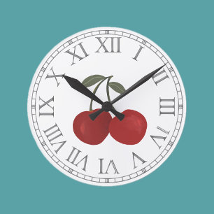 Reloj Redondo Mediano Ilustración de Frutas Cerezas Rojas