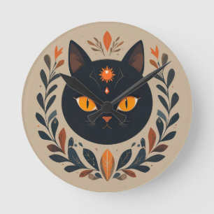 Reloj Redondo Mediano Ilustración de gato negro con ojos vibrantes