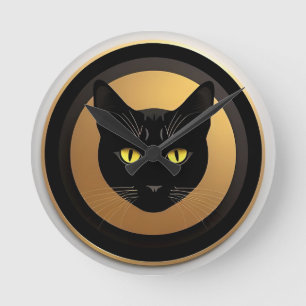 Reloj Redondo Mediano Ilustración de gato negro en círculo dorado