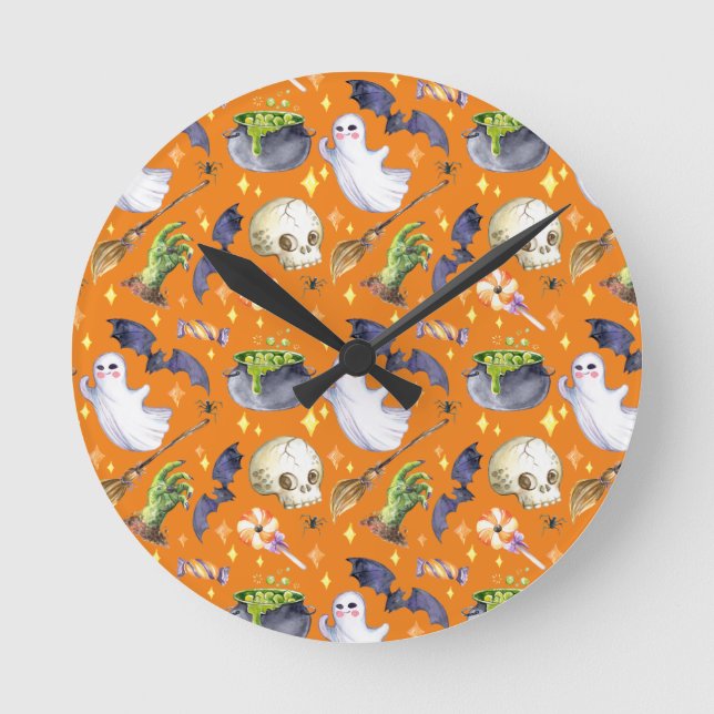 Reloj Redondo Mediano Ilustracion de Halloween con calabaza, fantasma y  (Anverso)