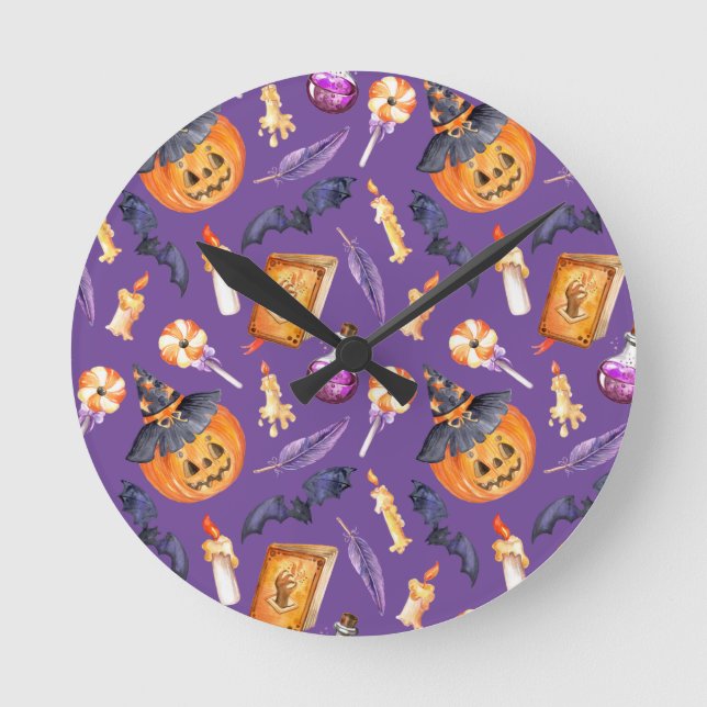Reloj Redondo Mediano Ilustracion de Halloween con calabaza y murciélago (Anverso)