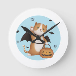 Reloj Redondo Mediano Ilustracion de Halloween: Gato murciélago
