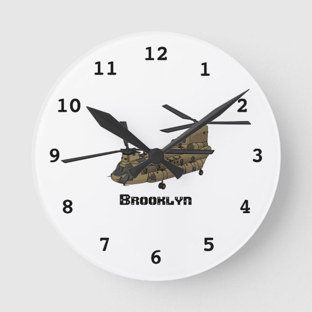 Reloj Redondo Mediano Ilustracion de helicópteros militares de Chinook (Anverso)