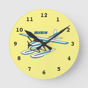 Reloj Redondo Mediano Ilustracion de hidroavión azul blanco