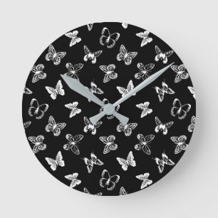 Reloj Redondo Mediano Ilustración de mariposa en blanco y negro