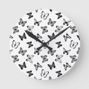 Reloj Redondo Mediano Ilustración de mariposa en blanco y negro en blanc