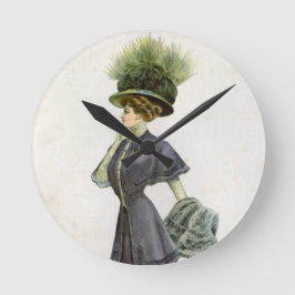 Reloj Redondo Mediano Ilustracion de moda de época Lady Gorra Botánico