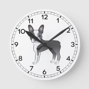 Reloj Redondo Mediano Ilustración de perro Boston Terrier azul y blanco