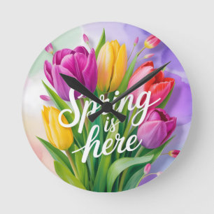 Reloj Redondo Mediano Ilustración de ramo de tulipanes "La primavera ha