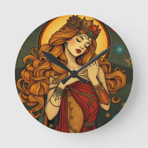 Reloj Redondo Mediano Ilustracion de una mujer floral de Art Nouveau