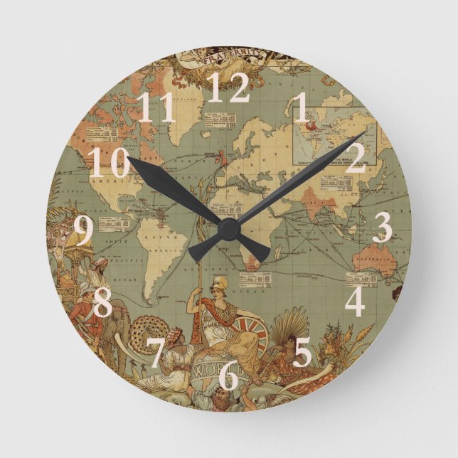 Reloj Redondo Mediano Ilustración del Mapa Mundial Antiguo de 1886 (Anverso)