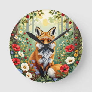 Reloj Redondo Mediano Ilustración del zorro en el bosque de flores silve