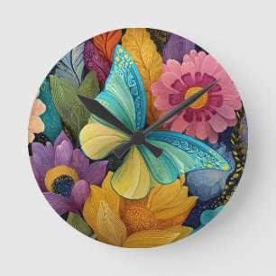 Reloj Redondo Mediano Ilustración detallada de flores y mariposas