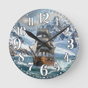 Reloj Redondo Mediano Ilustración digital de un barco a vela en el océan