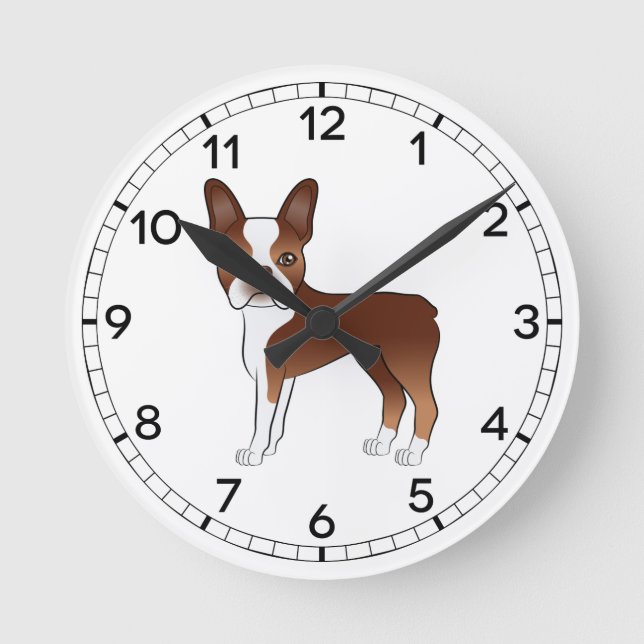 Reloj Redondo Mediano Ilustracion Perro Terrier De Boston Rojo Y Blanco (Anverso)