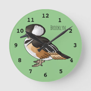 Reloj Redondo Mediano  Ilustracion personalizado de aves merganser con c