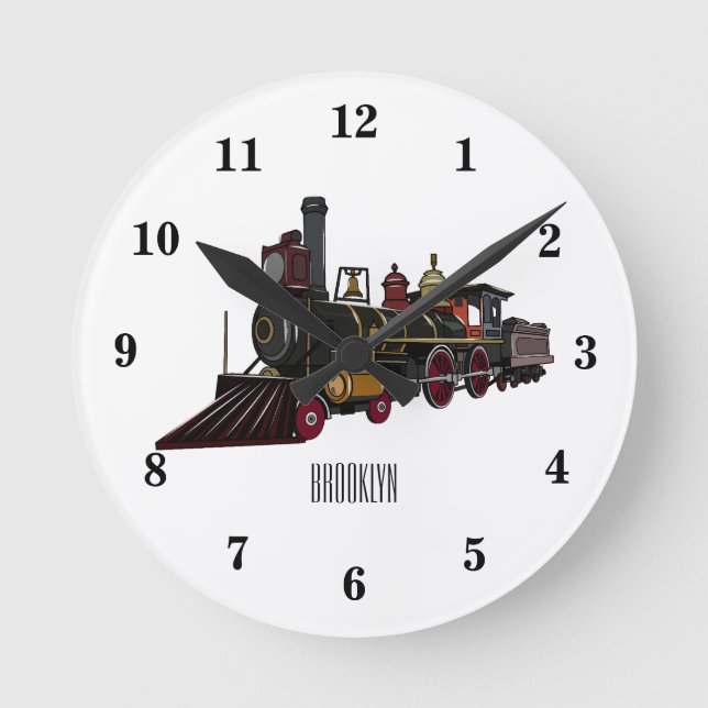 Reloj Redondo Mediano Ilustracion personalizado de locomotora de vapor (Anverso)