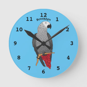 Reloj Redondo Mediano Ilustracion personalizado de loro gris africano 