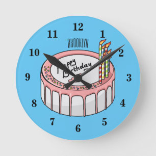 Reloj Redondo Mediano Ilustracion personalizado de torta de cumpleaños