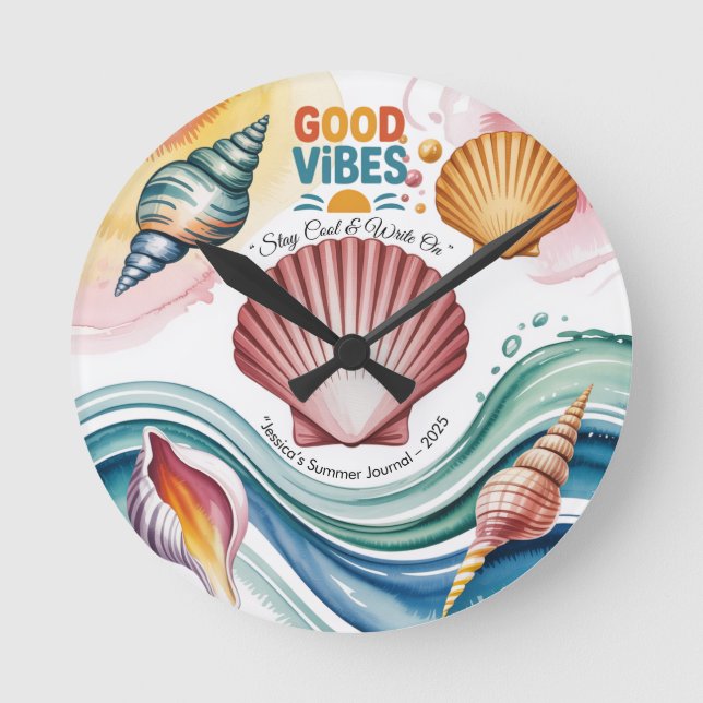 Reloj Redondo Mediano Ilustracion Retro Beach de Summer Vibes (Anverso)