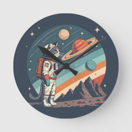 Reloj Redondo Mediano Ilustración Retro de Gato Astronauta Espacio Cósmi