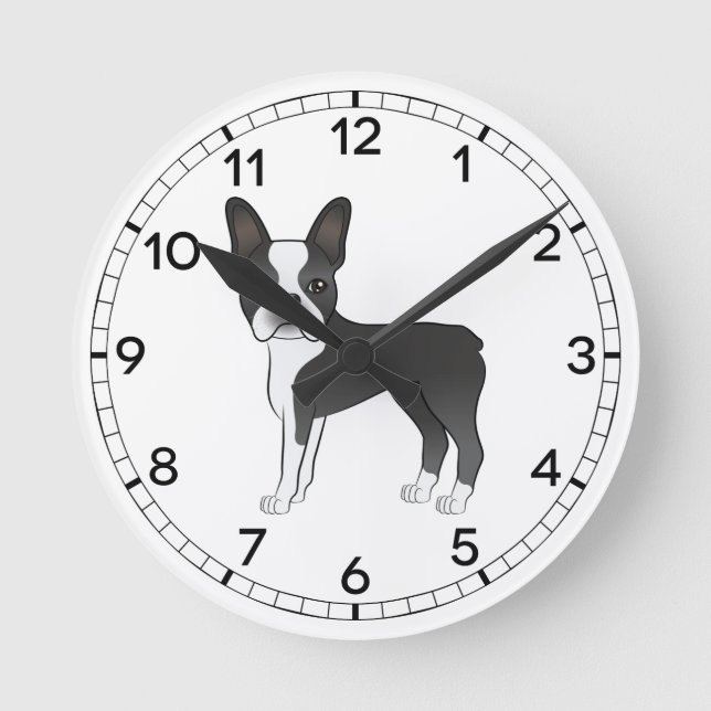 Reloj Redondo Mediano Ilustracion Terrier Perro De Boston Blanco Y Negro (Anverso)